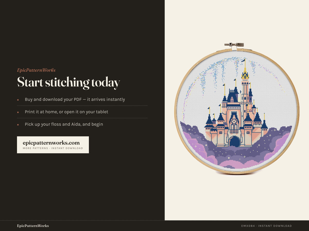 Cross stitch pattern of a tall fairy tale castle in peach and navy tones, sitting on purple clouds inside a circular frame, with fireworks and stars in the night sky.