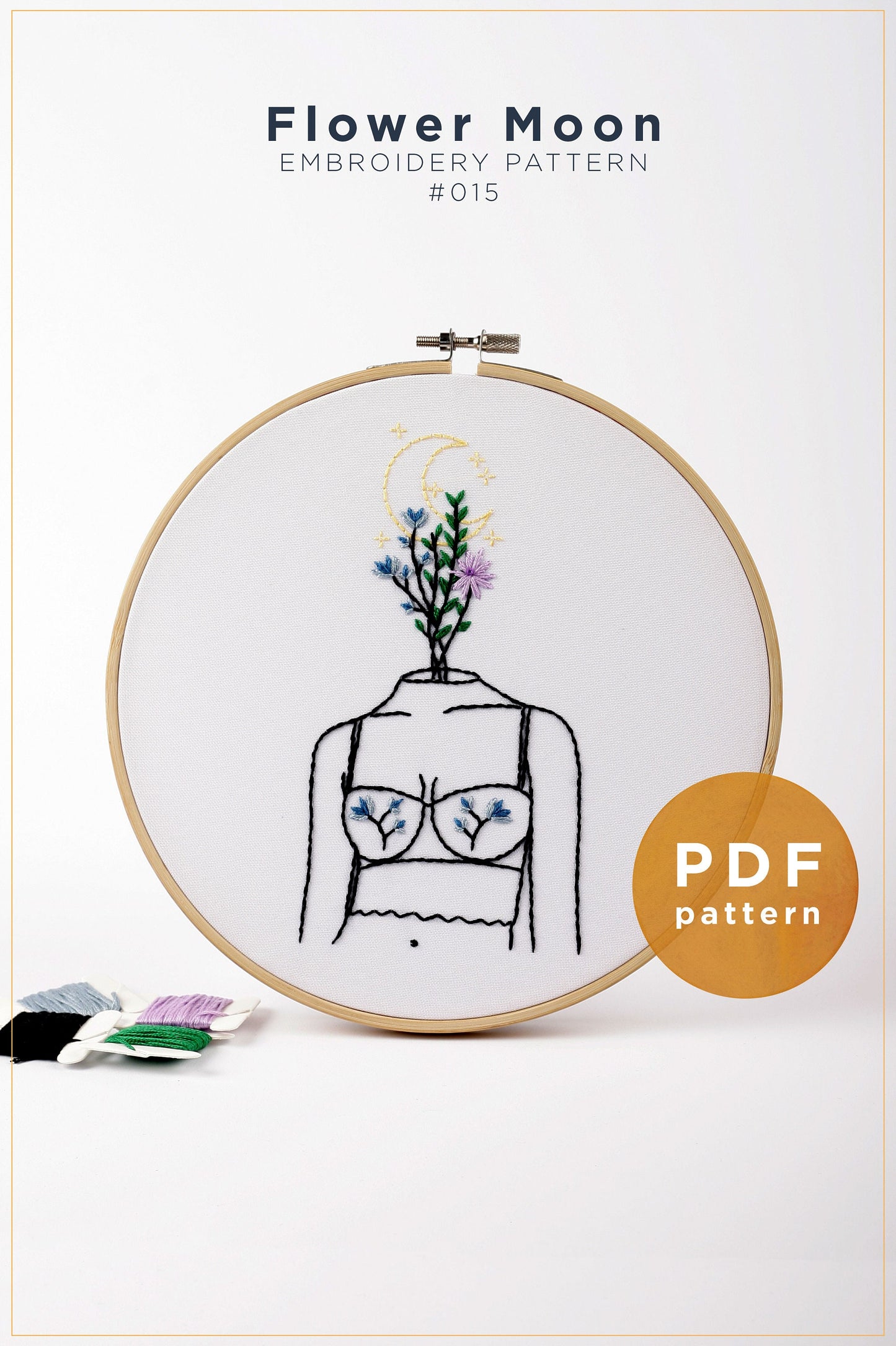 Wreath Embroidery Art | Flower Moon | Digital Floral Embroidery Pattern DIY