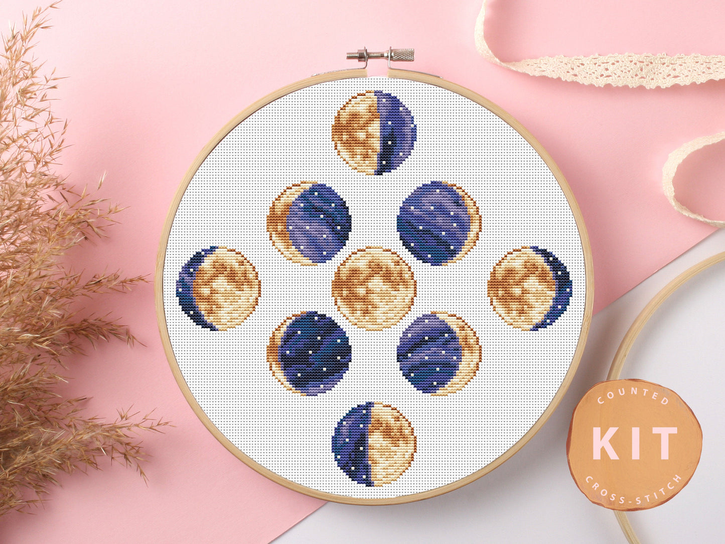 Moon Phases Cross Stitch Kit Beginner #KEMX321