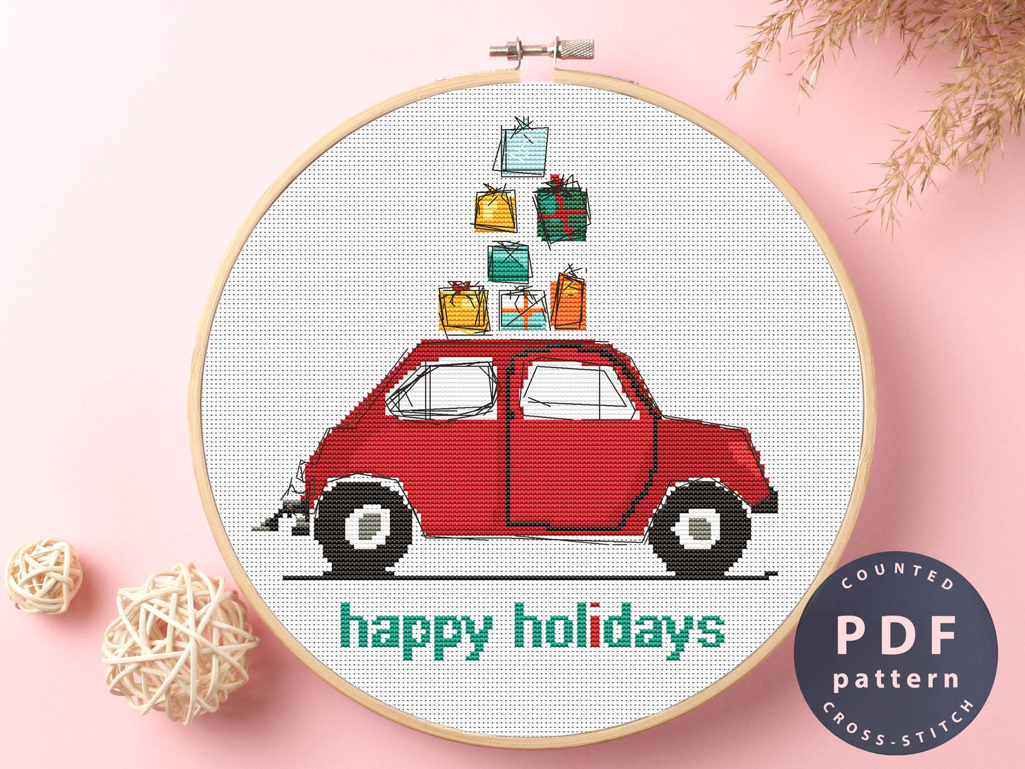 Happy Holidays Cross Stitch Pattern: Car with Gifts (PDF Pattern)