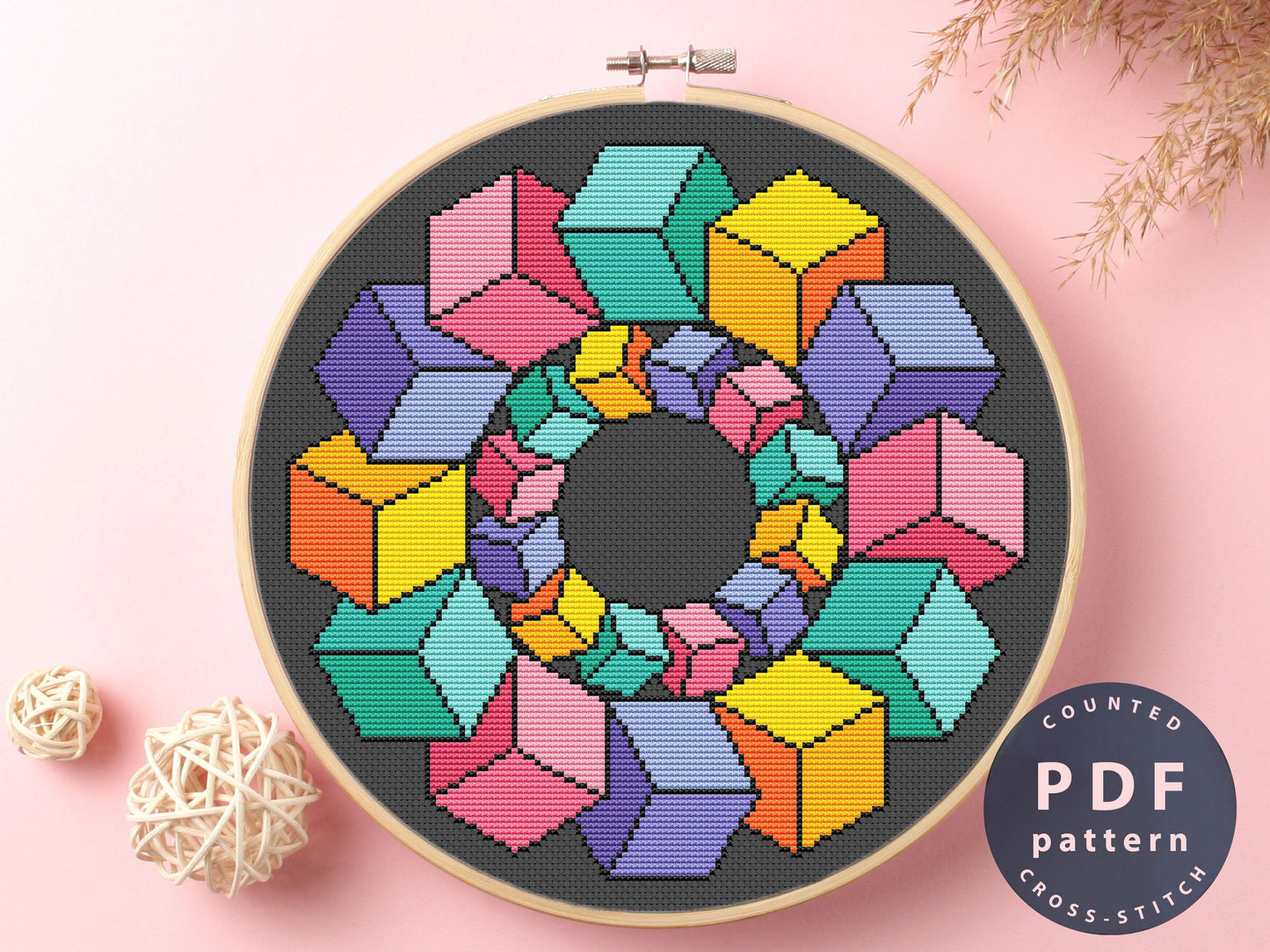 Color Abstraction Cross Stitch Pattern: Geometric Cubes (PDF Pattern)