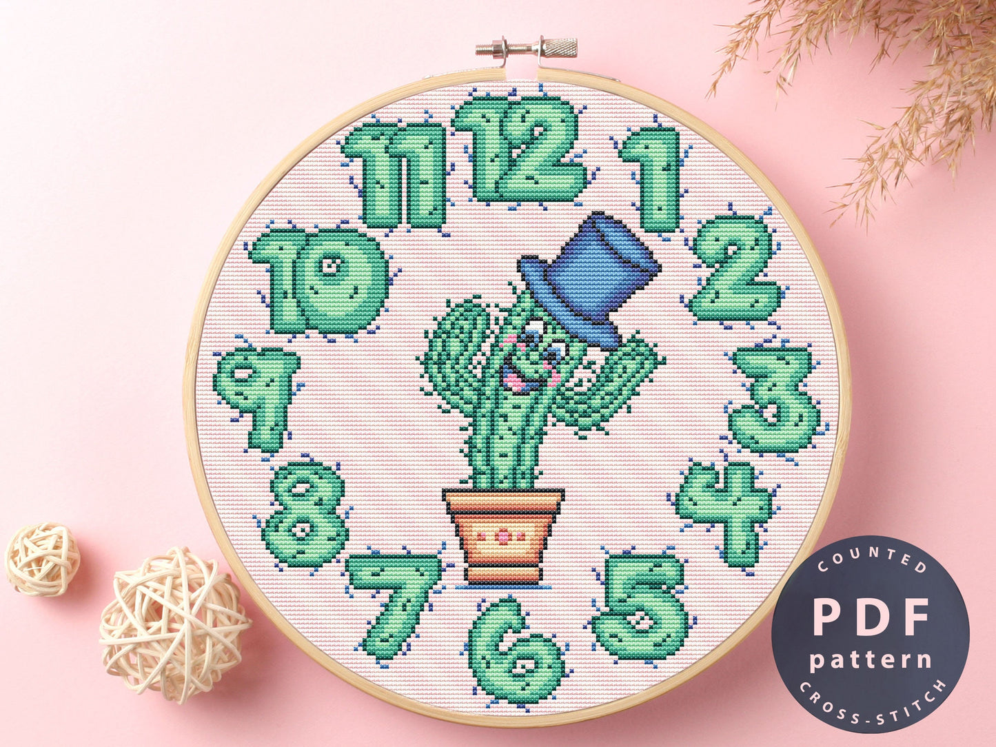 Cactus Clock Cross Stitch Pattern: Beginner Needlepoint (Digital Download)
