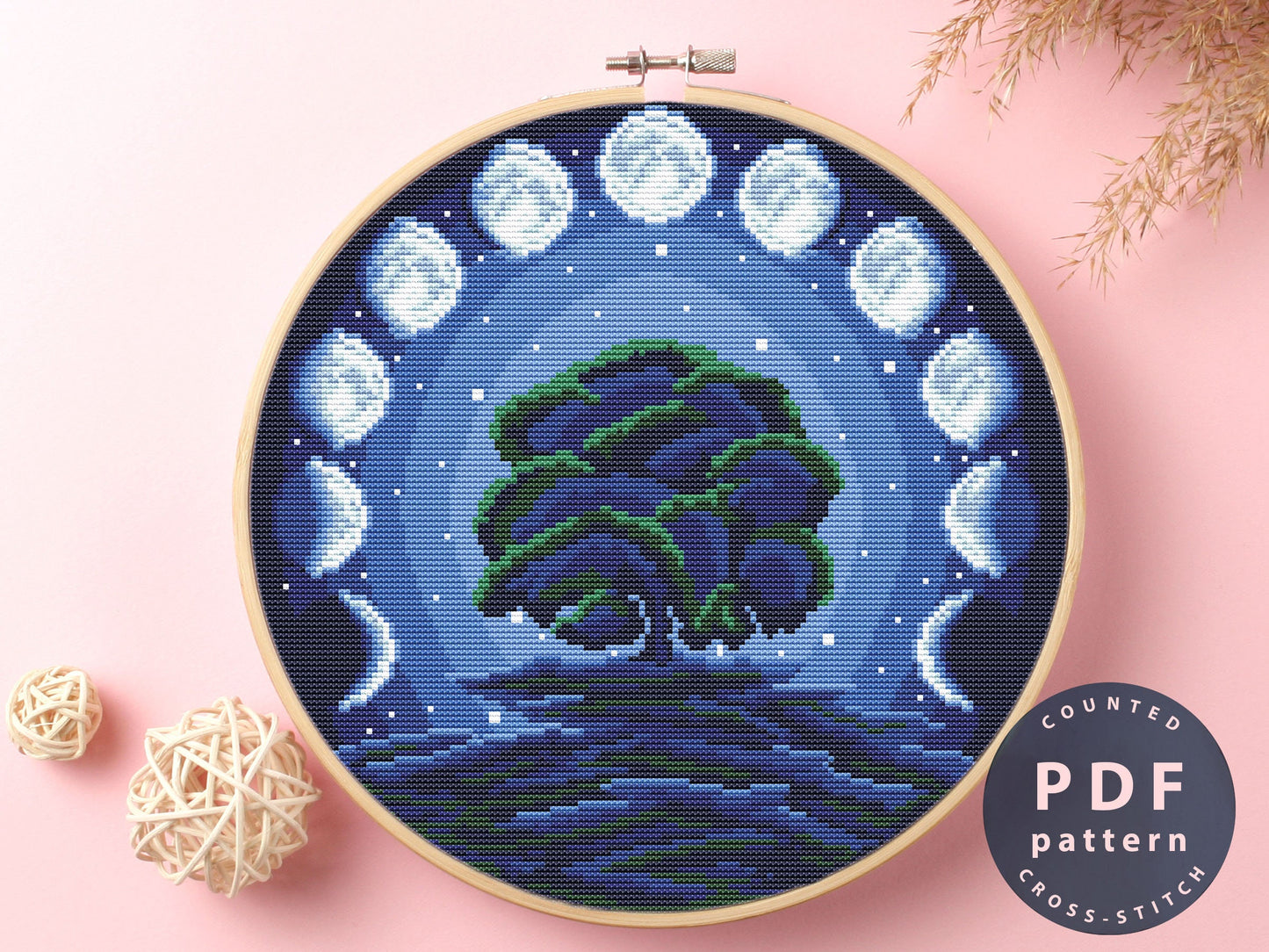 Moon Phases Tree Cross Stitch Pattern: DIY Embroidery (PDF Pattern)