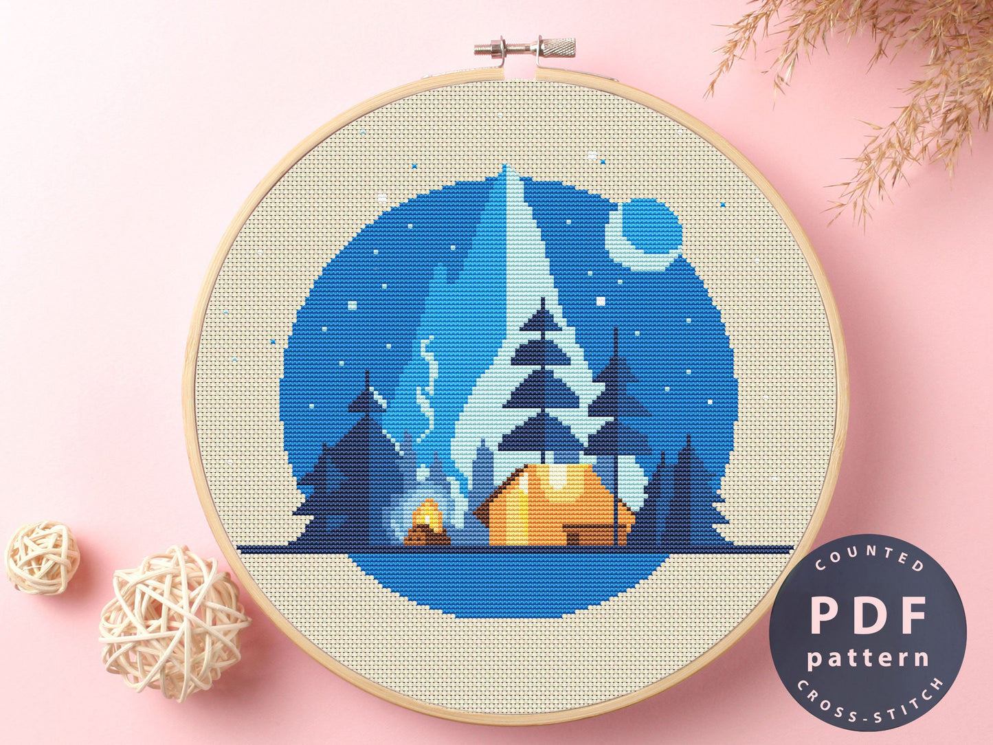 Forest Night Camping Cross Stitch Pattern: Home Decor (PDF Pattern)