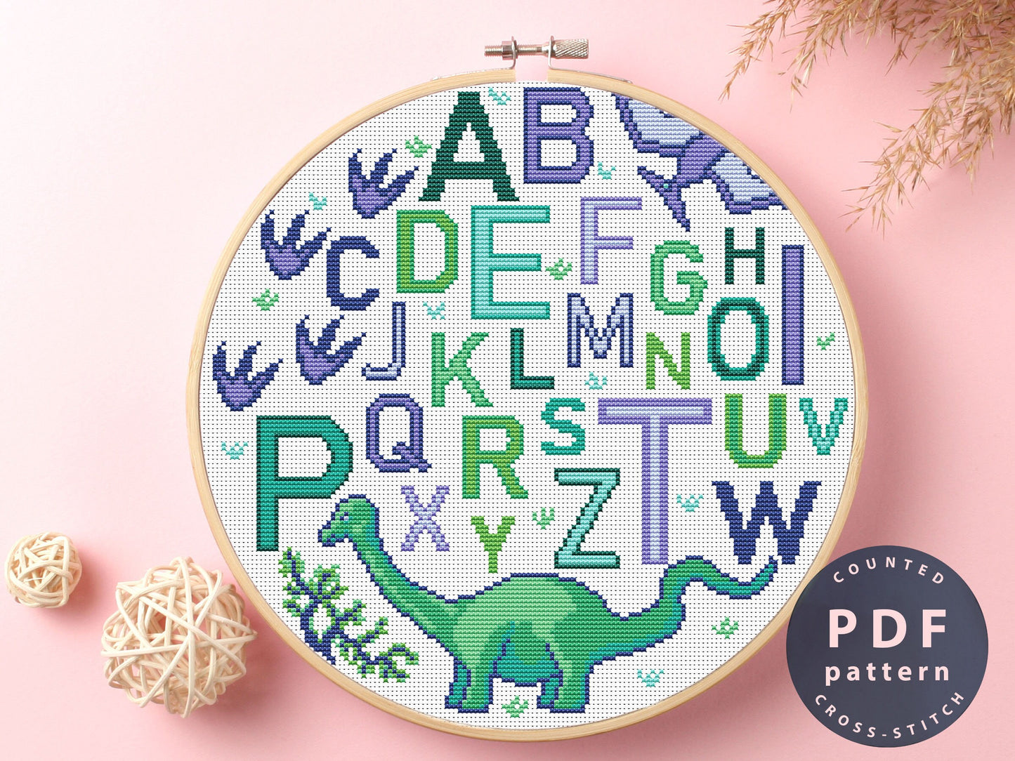 Alphabet Dinosaur Cross Stitch Pattern: DIY Needlepoint (Digital Download)