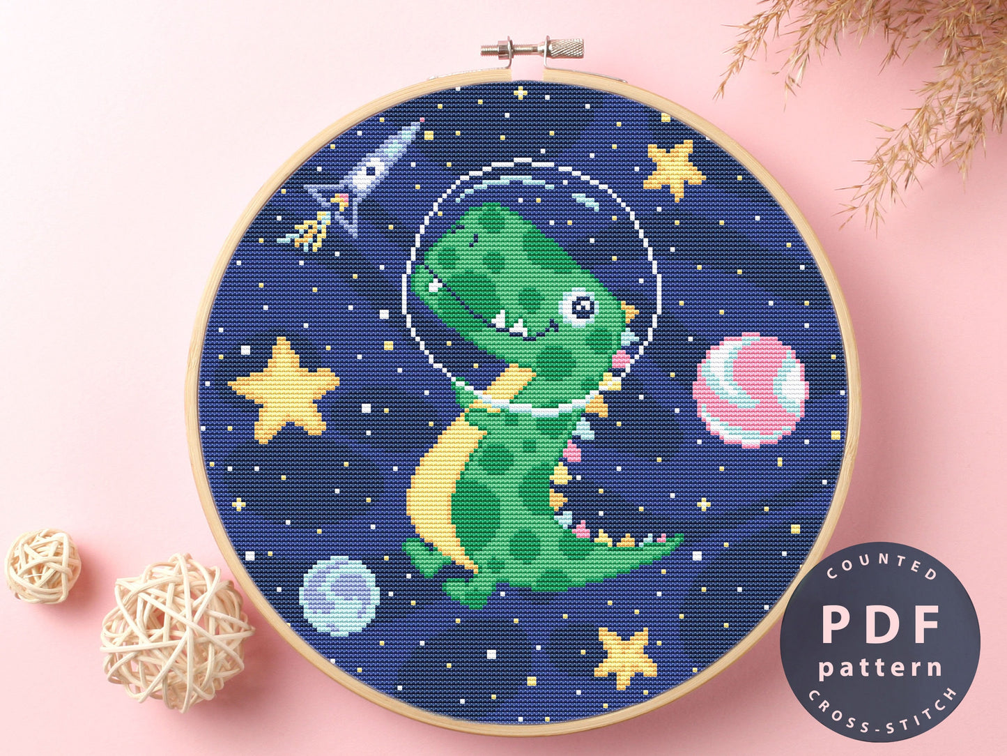 Dinosaur in Space Cross Stitch Pattern: Galaxy Theme (Digital Download)
