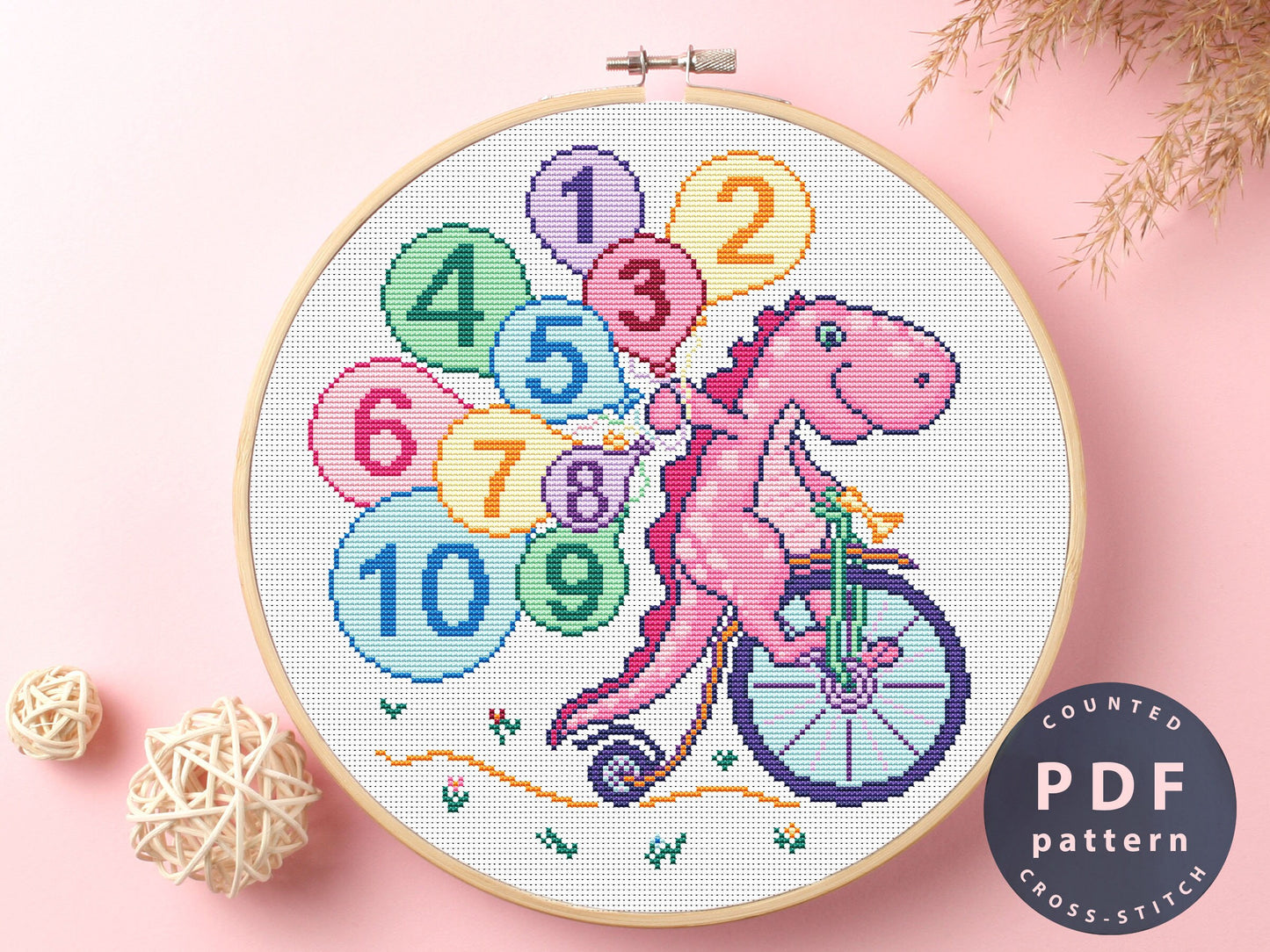 Dinosaur Cyclist Cross Stitch Pattern: Beginner Stitch Design (Digital Download)
