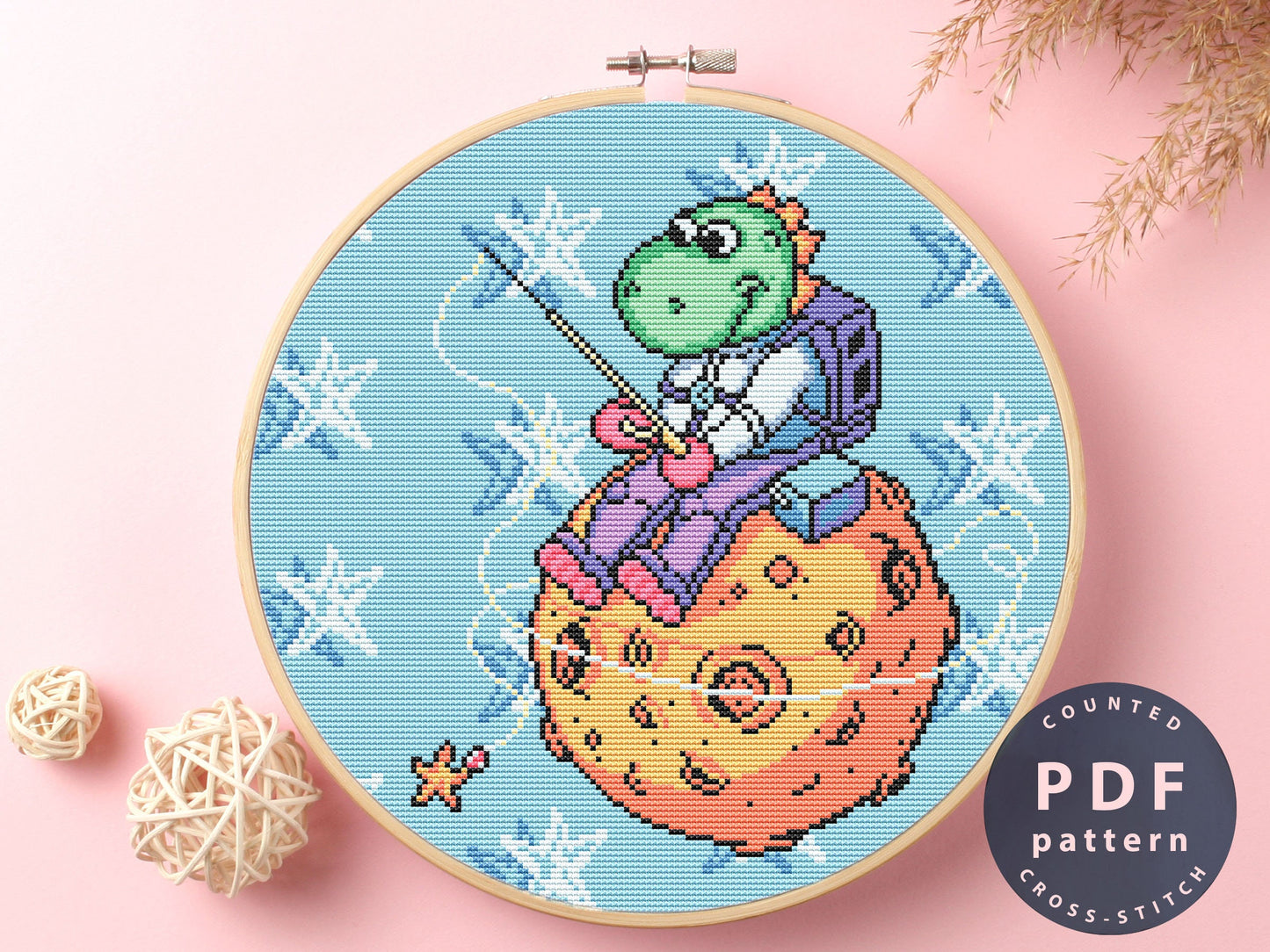 Dino Space Fishing Beginner Cross Stitch Pattern (Digital Download)