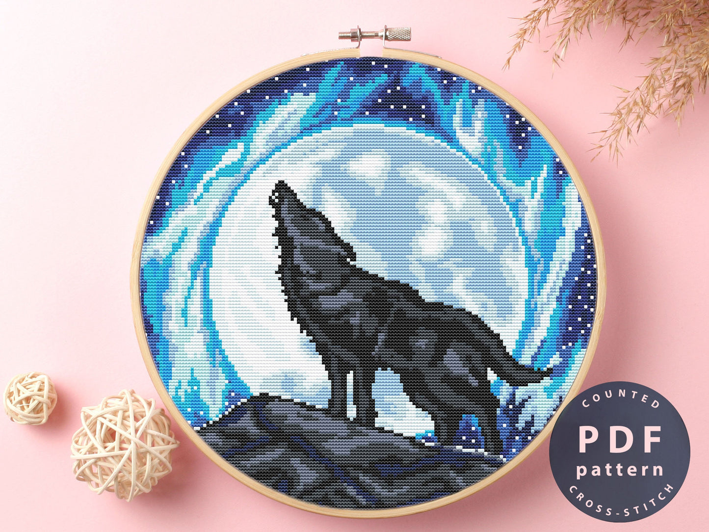 Moon Wolf Cross Stitch Pattern: DIY Home Decor (PDF Pattern)