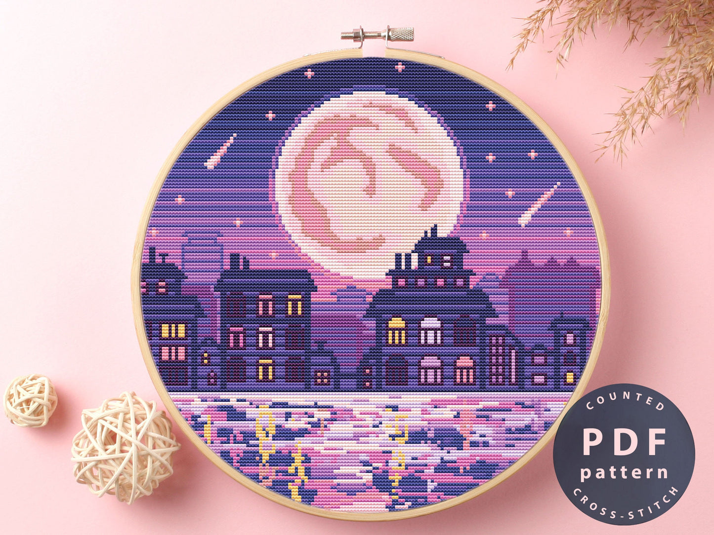 Moonlight Night Cross Stitch Pattern: DIY Home Decor (PDF)