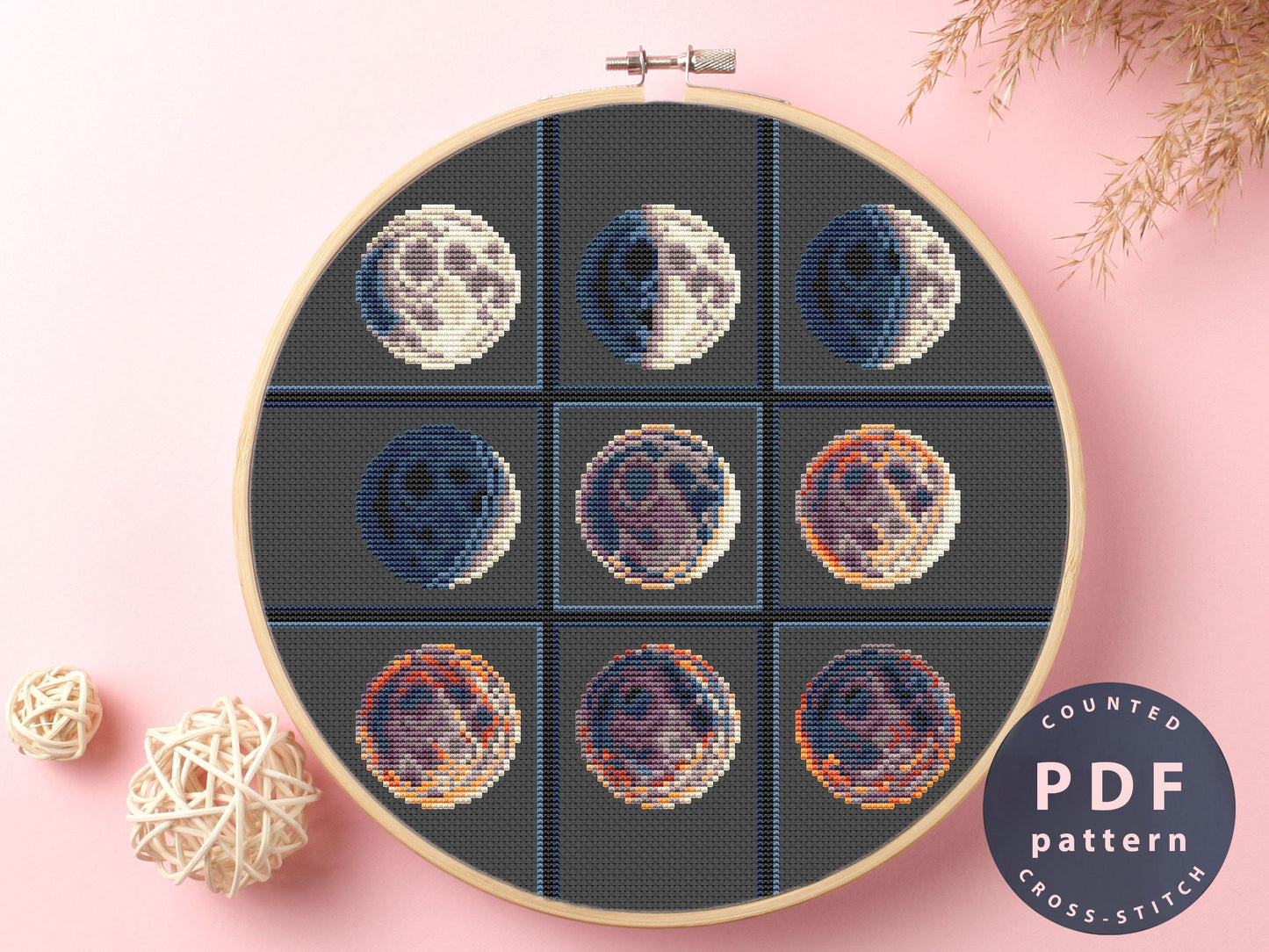 Moon Phases Cross Stitch Pattern: Celestial DIY Home Decor (PDF Pattern)