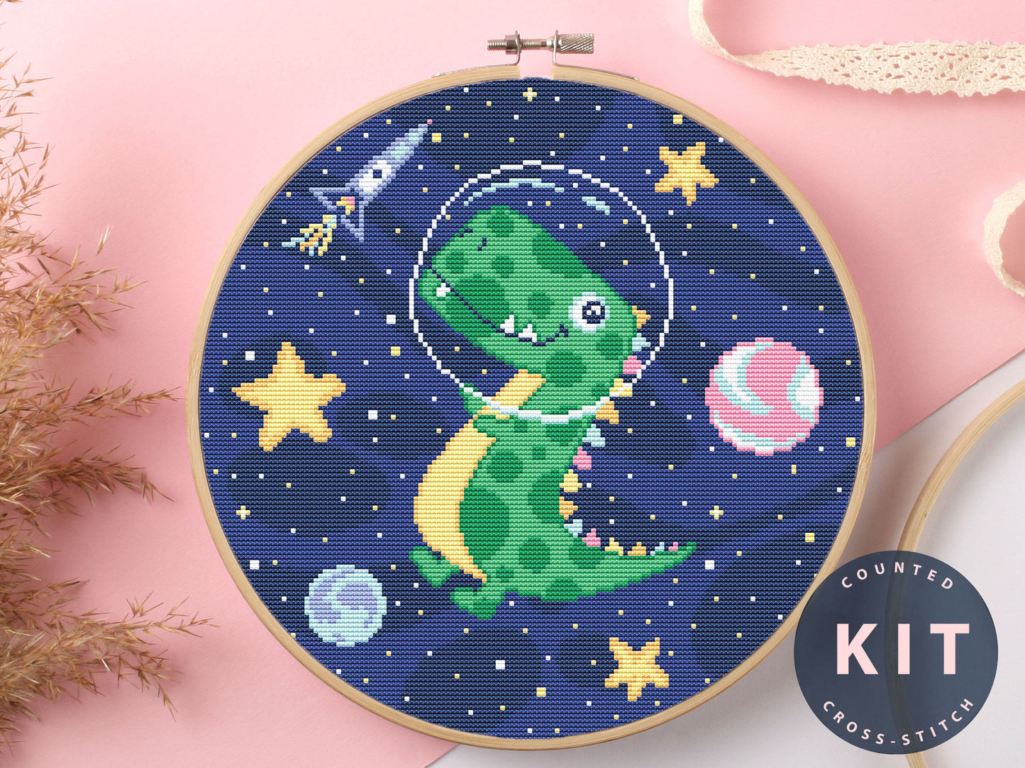 Dinosaur In Space Cross Stitch Kit Beginner #KEMX292