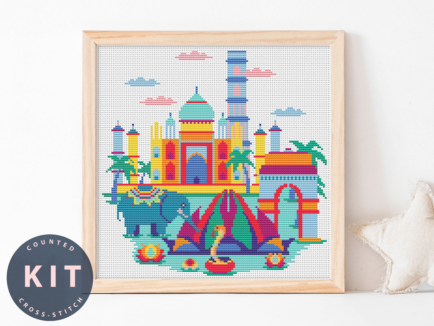 India Cross Stitch Kit: Colorful City DIY Embroidery (8 inch Hoop Optional)