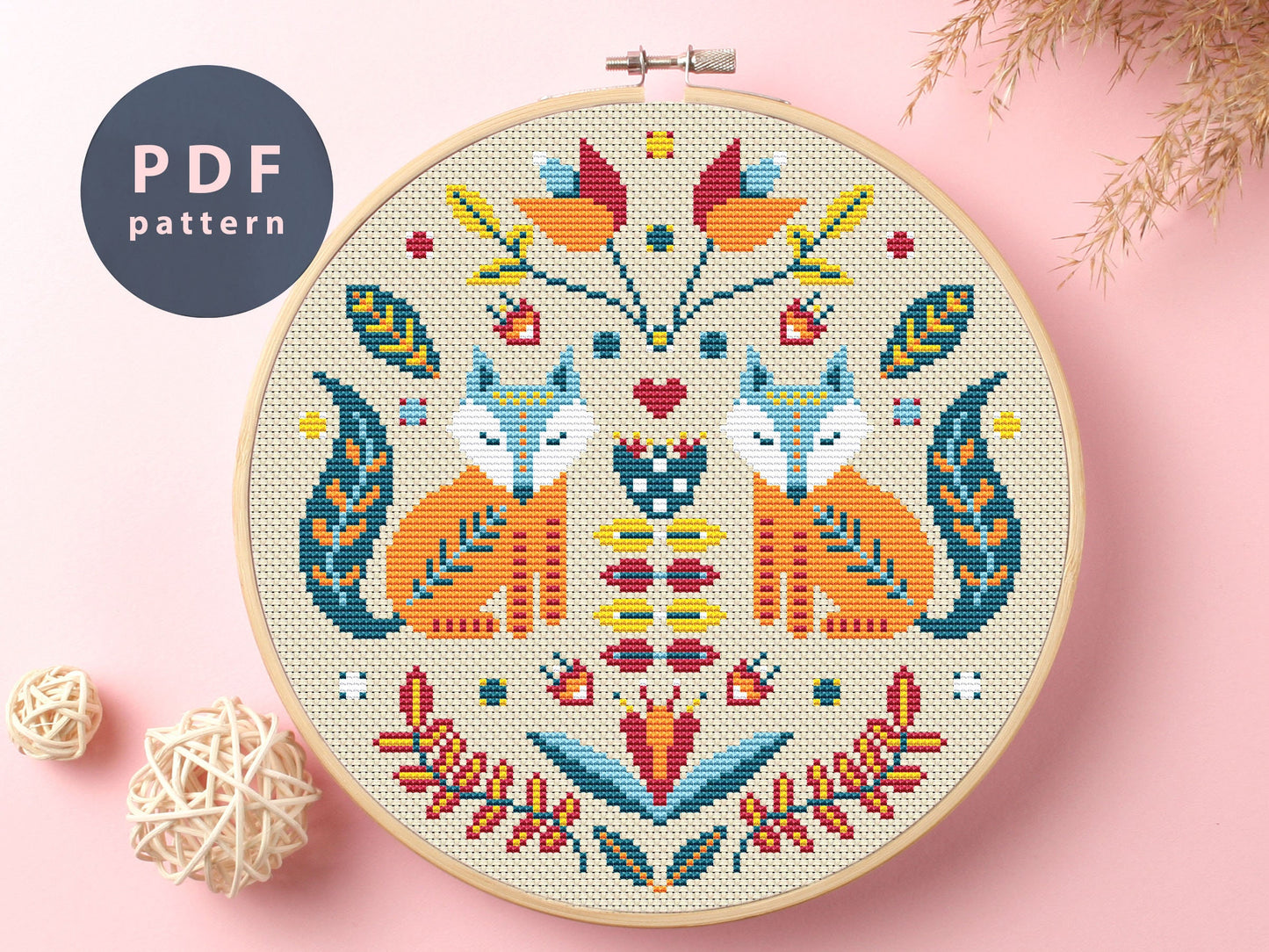 Fox Ornament Cross Stitch Pattern, Family Gift (PDF Pattern)