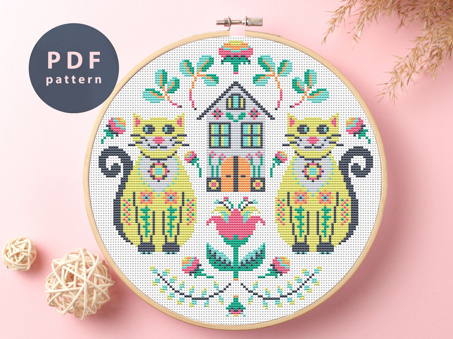 Cunning Cats Cross Stitch Pattern: Folk Art Embroidery (PDF Pattern)