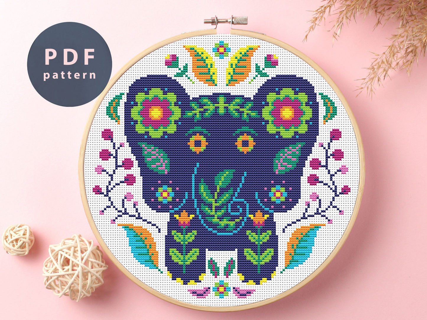 Etno Elephant Cross Stitch Pattern: Violet Floral Home Decor (PDF Pattern)