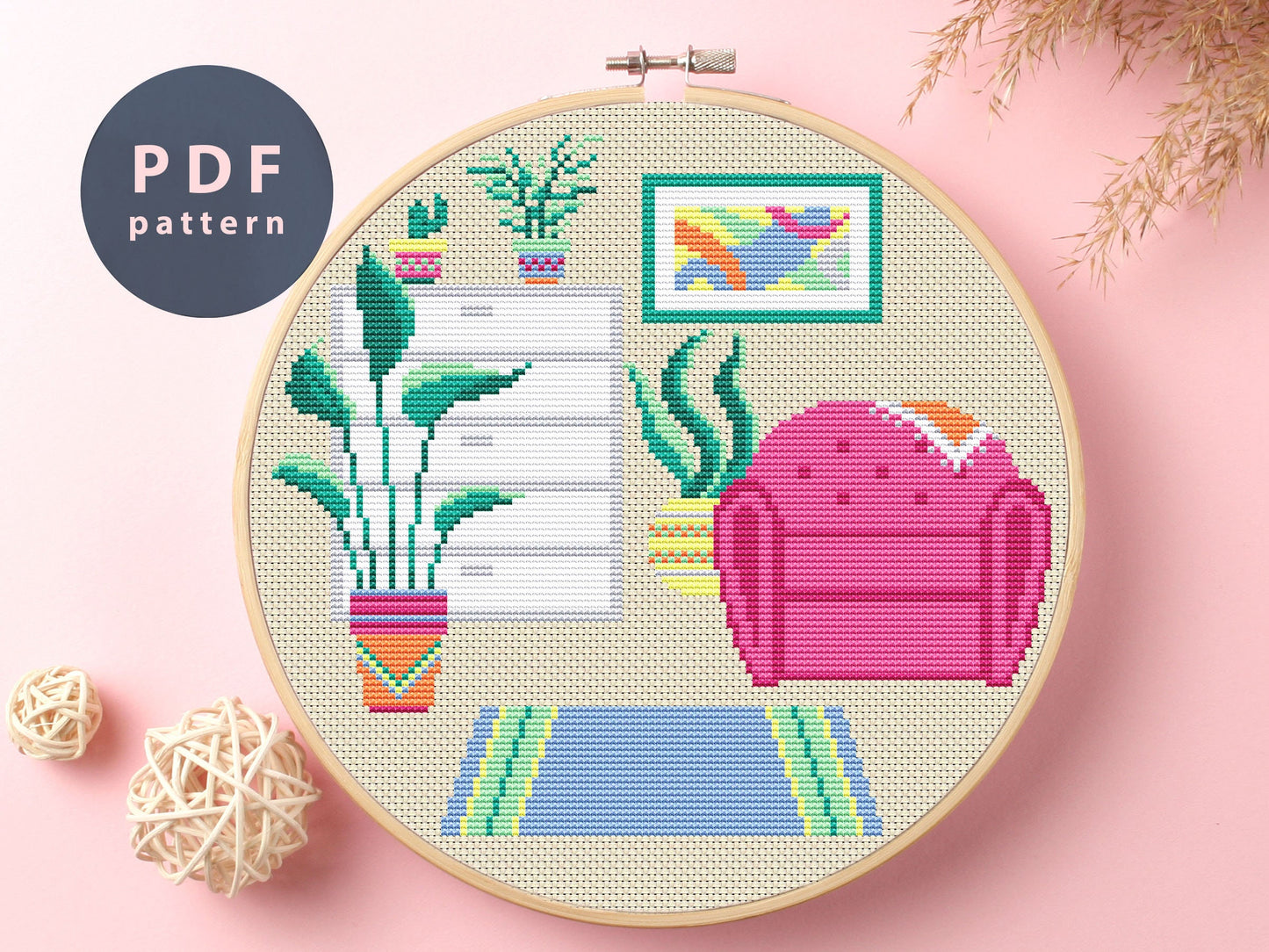 Pink Chair Cross Stitch Pattern: Modern Home Plants Embroidery (PDF Pattern)