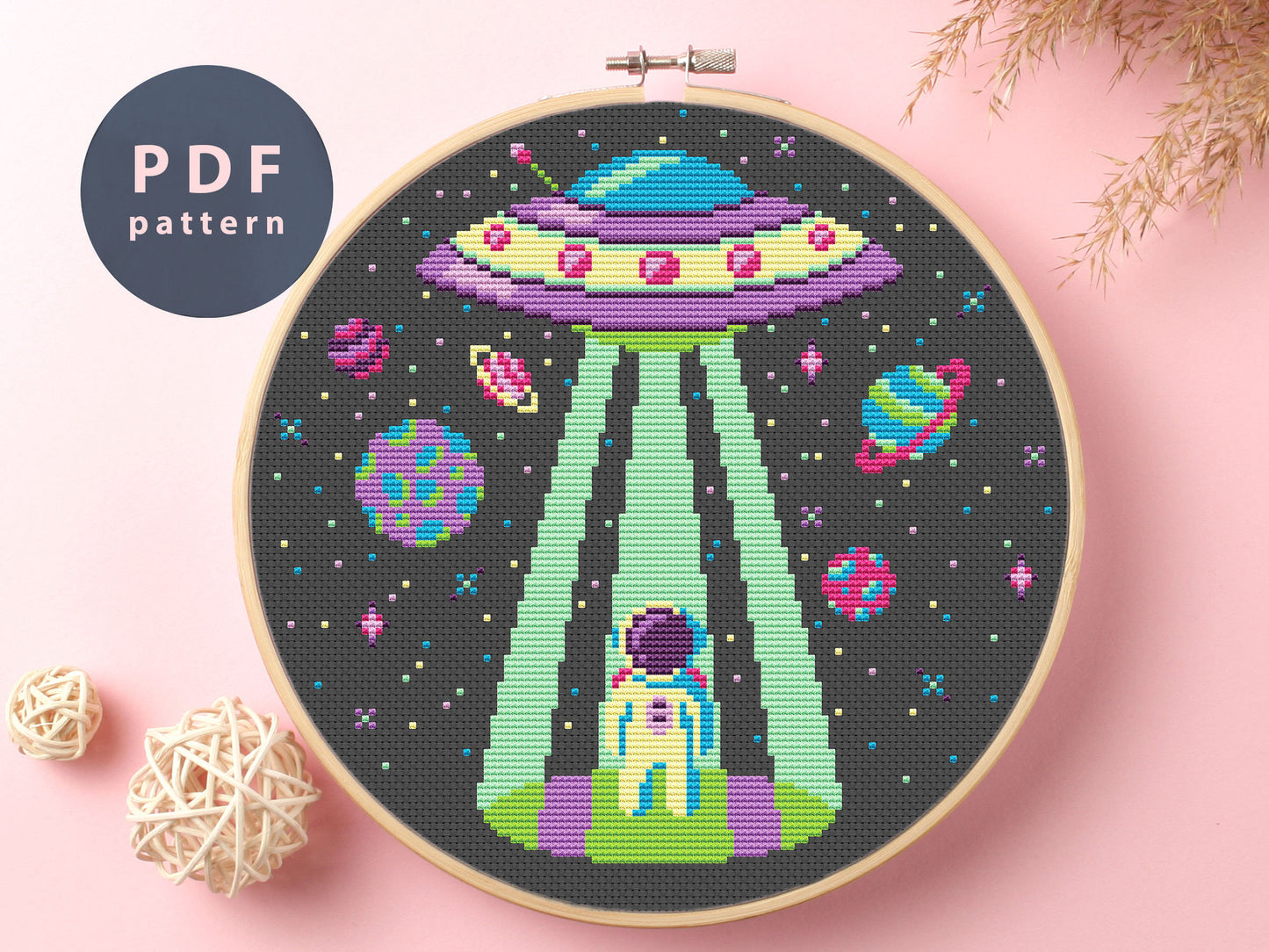 UFO Abduction Cross Stitch Pattern: Astronaut & Galaxy (PDF Pattern)
