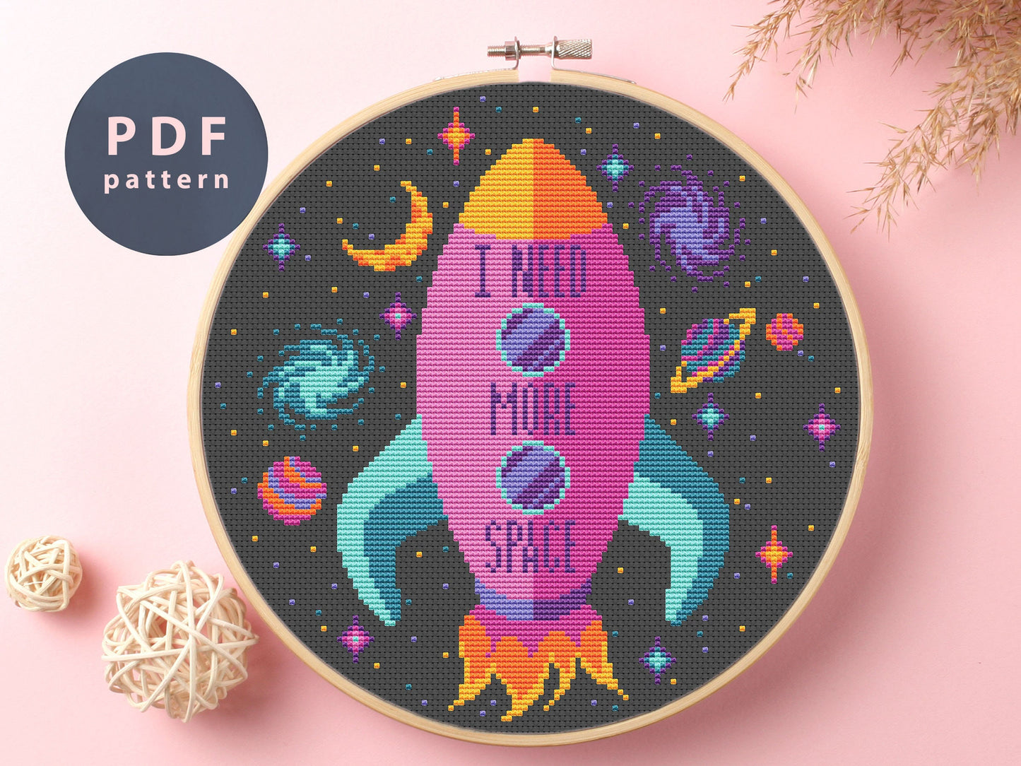 More Space Rocket Cross Stitch Pattern: Galaxy DIY Embroidery (PDF Pattern)