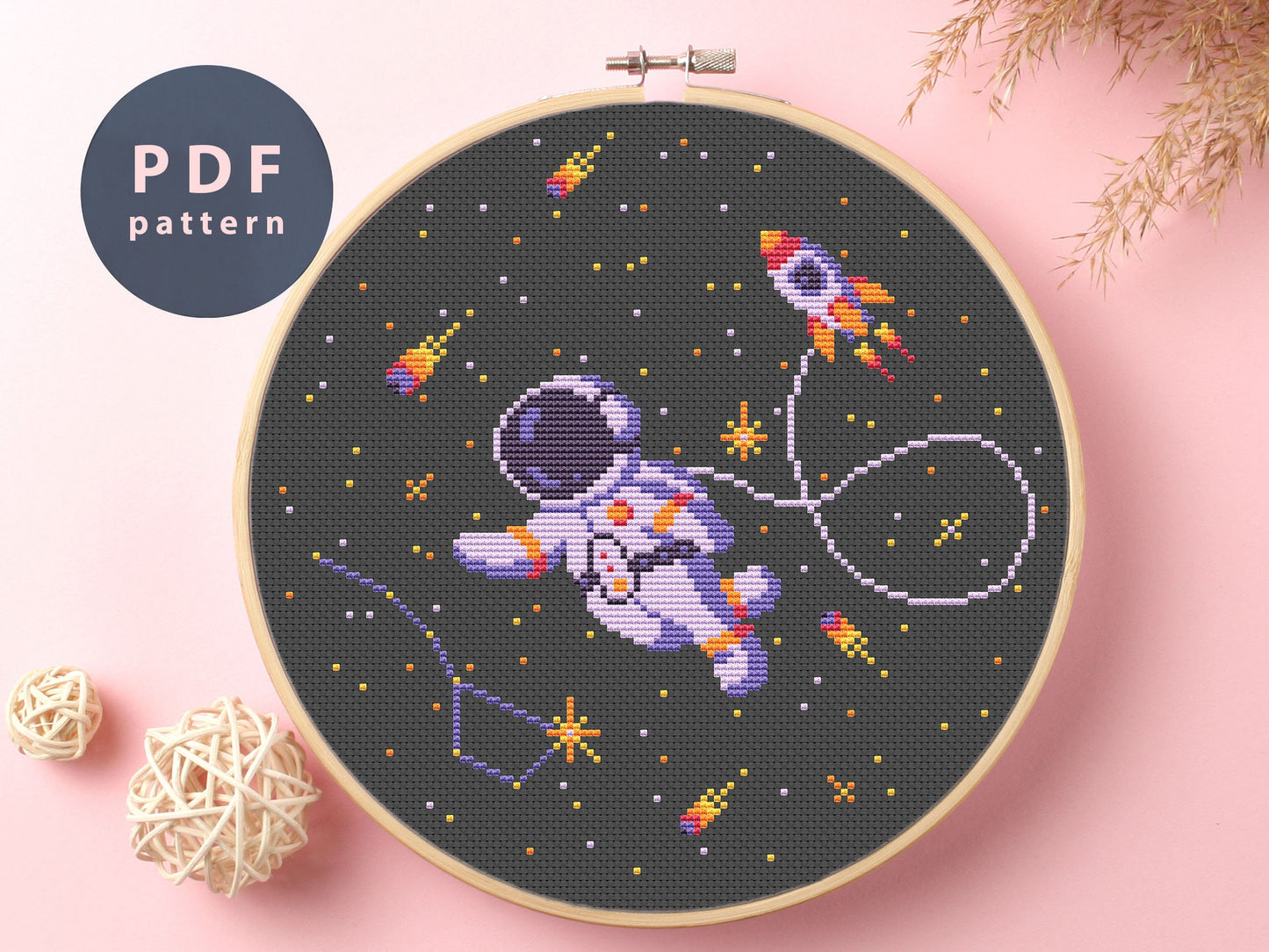 Astronaut Cross Stitch Pattern: Space Rocket, Moon & Stars (PDF Pattern)