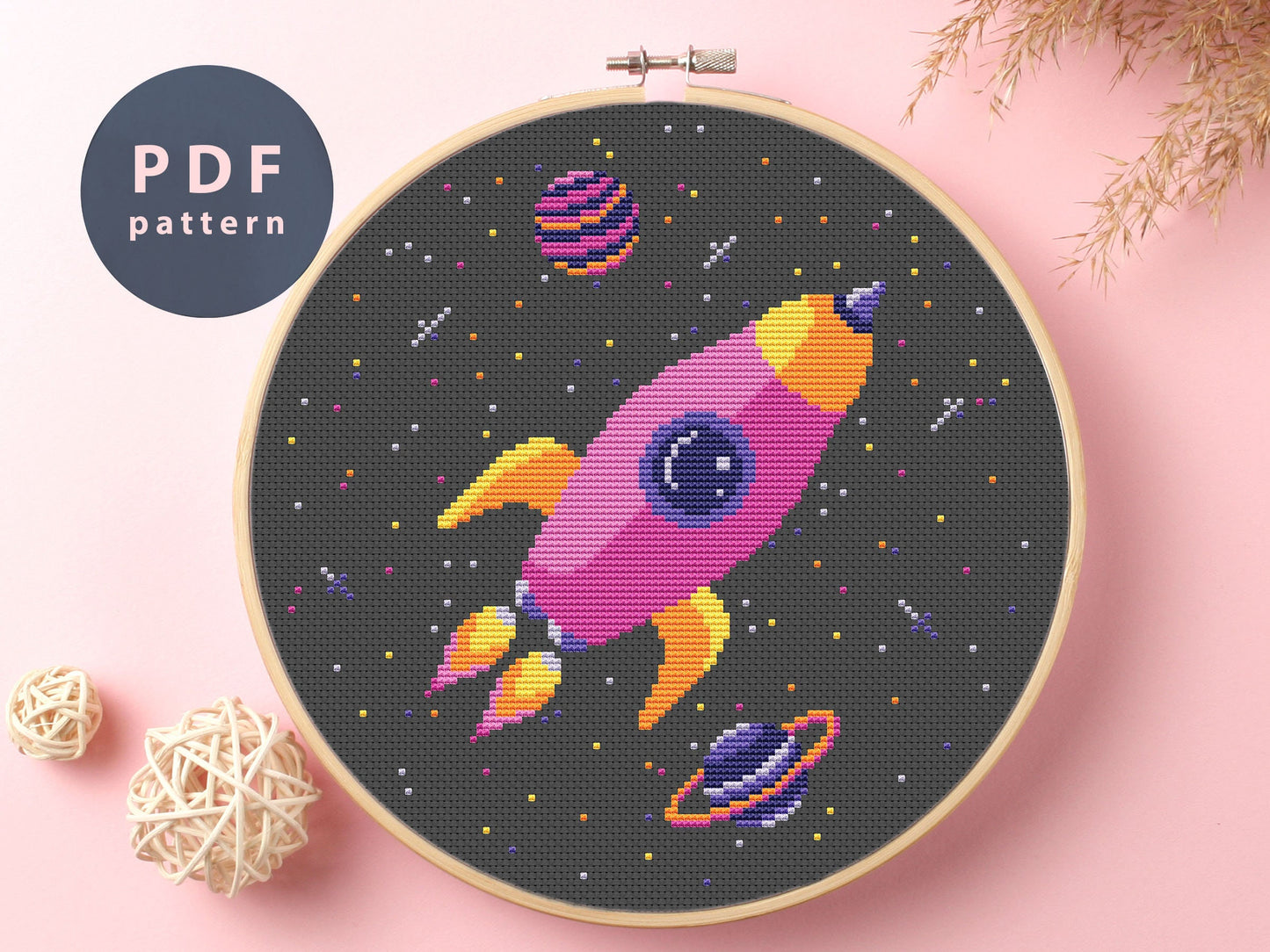 Rocket Cross Stitch Pattern: Space Fantasy, Moon, Stars (PDF Pattern)