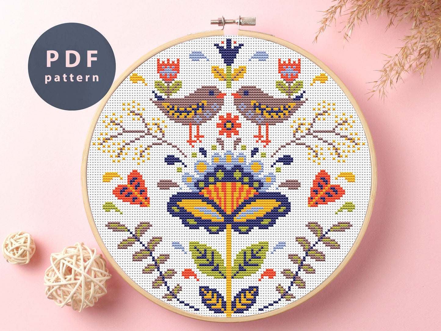 Kissing Birds Cross Stitch Pattern: Floral Fall Decor (PDF Pattern)