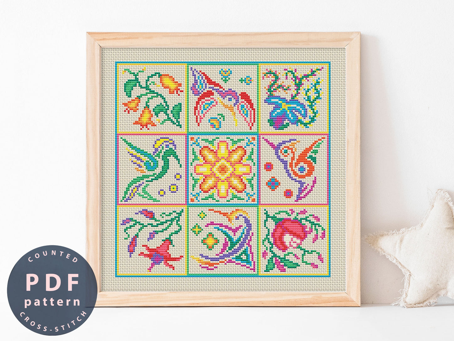 Modern Folk Cross Stitch Pattern: Birds and Flowers (Digital Download)