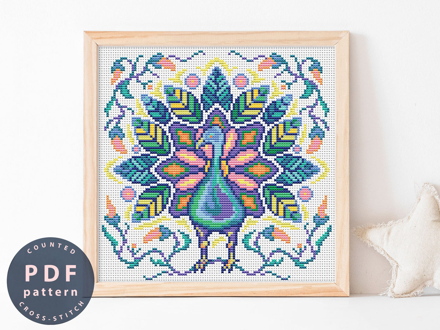 Modern Folk Peacock Cross Stitch Pattern: Colorful Bird Embroidery (PDF Pattern)