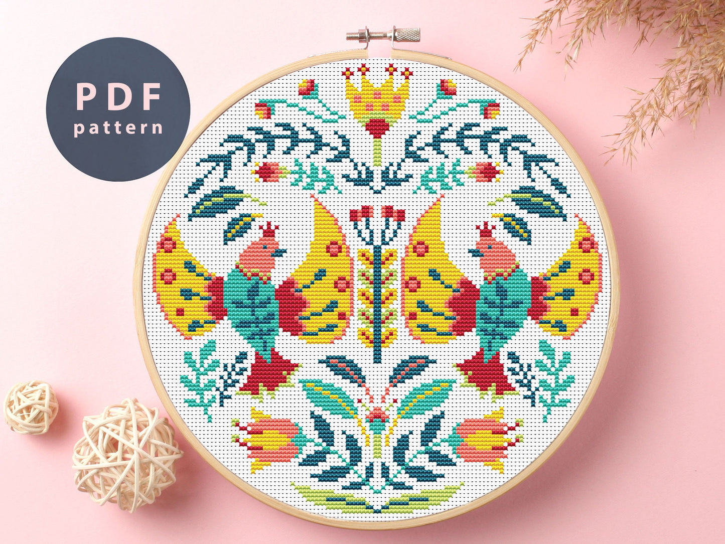 Dancing Birds Cross Stitch Pattern: Floral Folk Art (Digital Download)