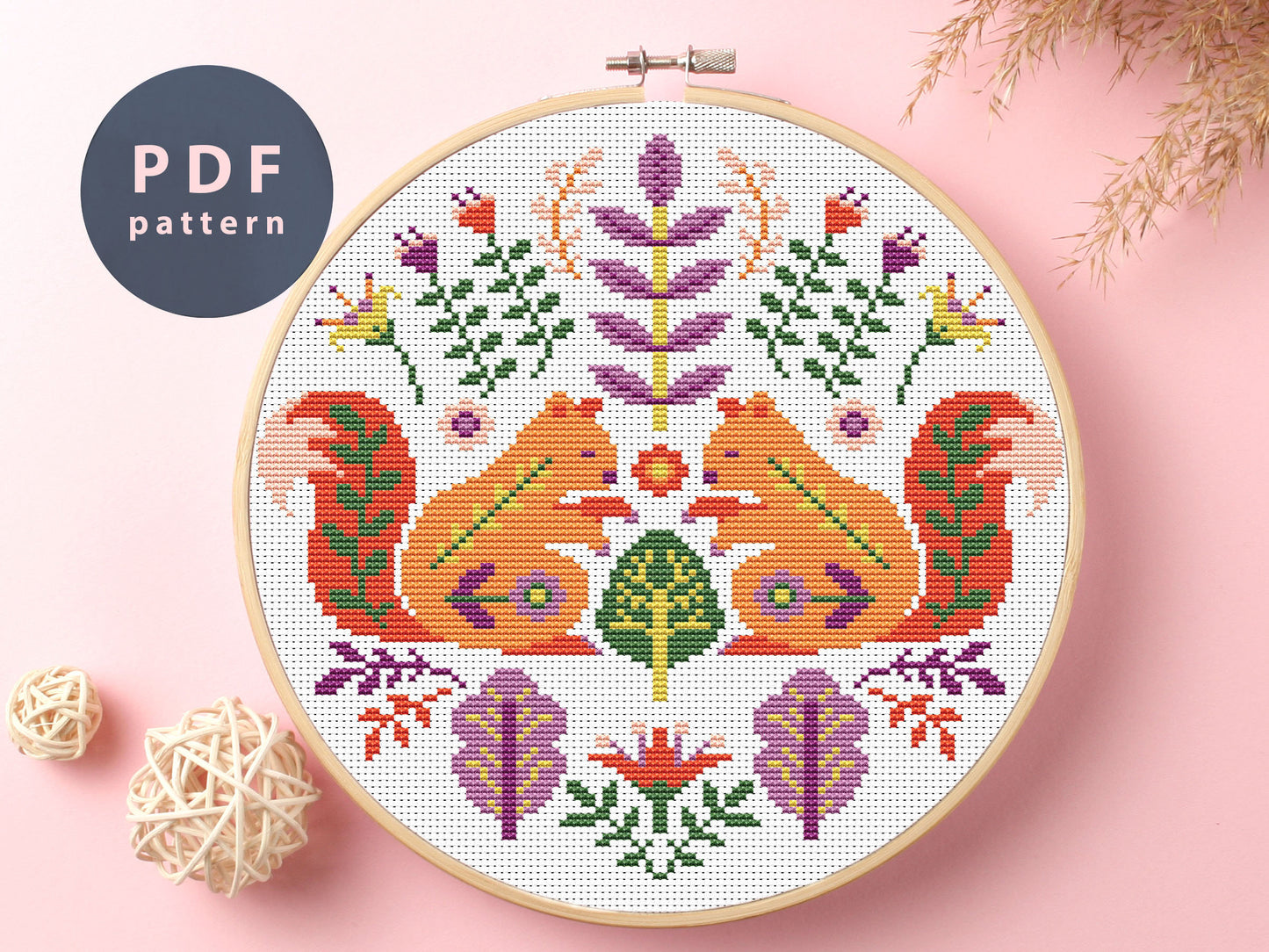 Squirrels Cross Stitch Pattern: Folk Art Embroidery (PDF Pattern)