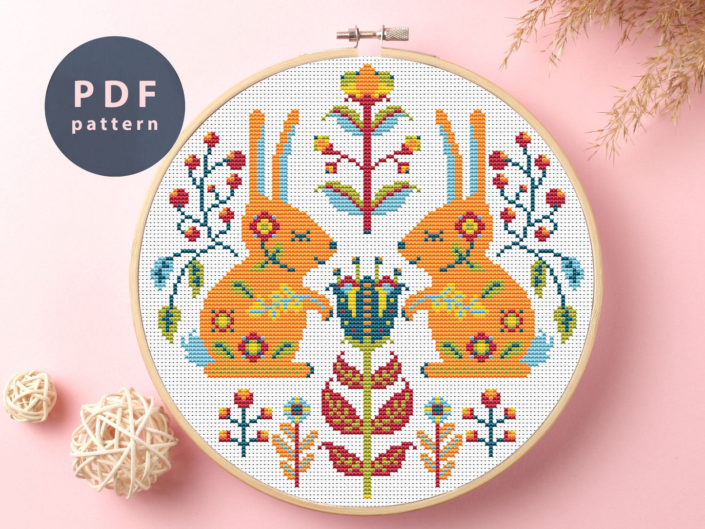 Etno Rabbits Cross Stitch Pattern: Folk Art Ornament (Digital Download)