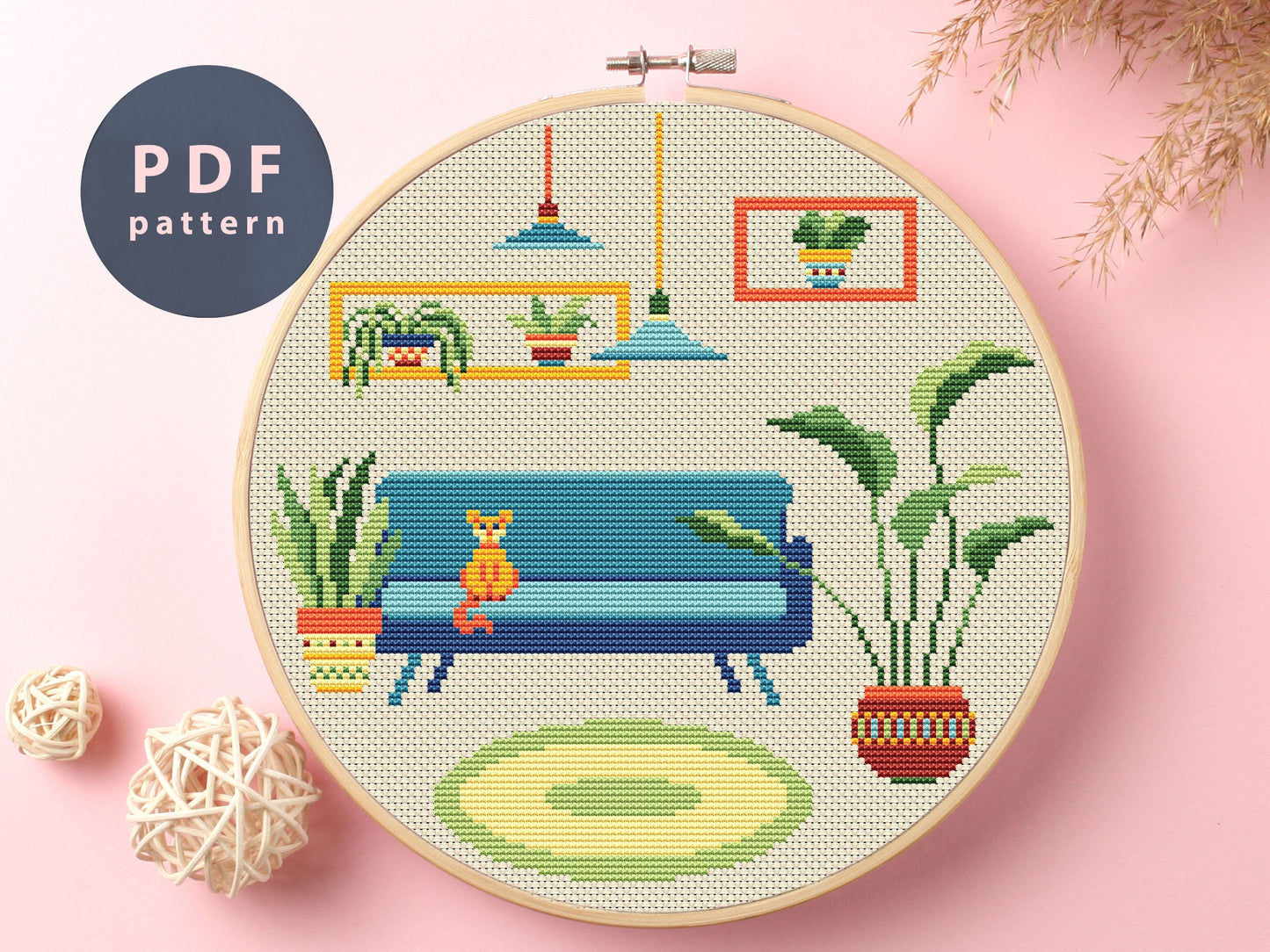 Cat and Sofa Cross Stitch Pattern: Retro Home Decor (PDF Pattern)