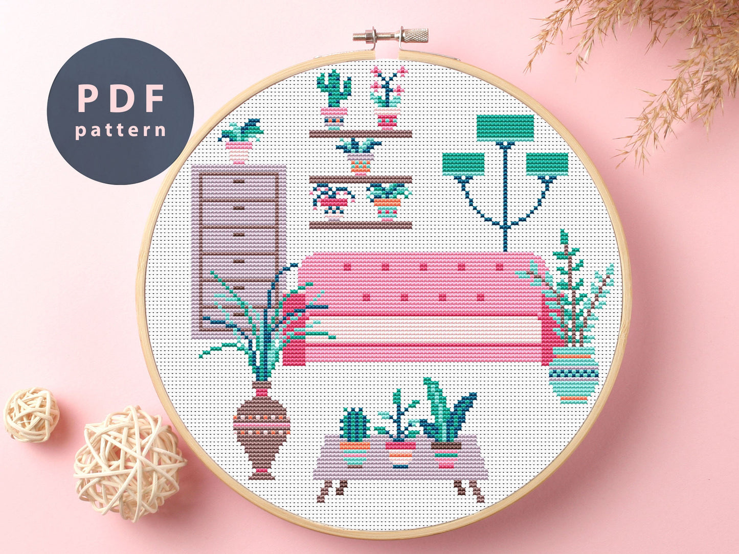 Pink Sofa Cross Stitch Pattern: Homy Room Decor (PDF Pattern)