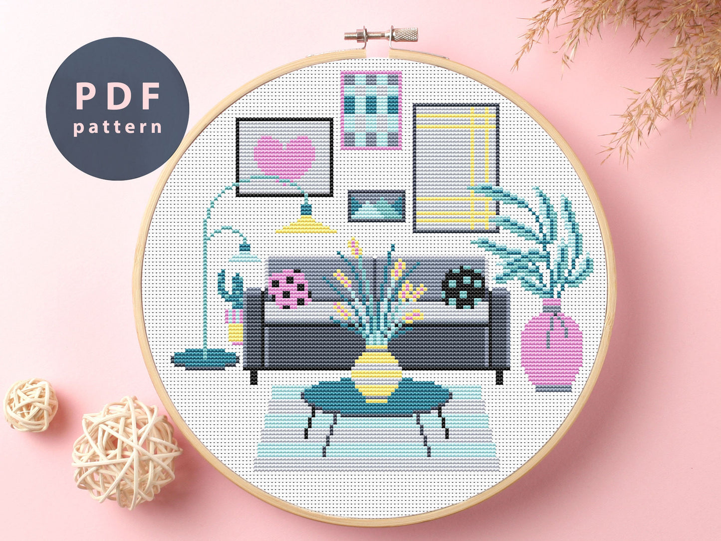 Grey Sofa Cross Stitch Pattern: Retro Home Decor (PDF Pattern)