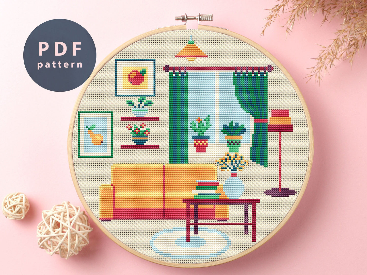 Green Curtains Cross Stitch Pattern: Modern Home Decor (PDF Pattern)