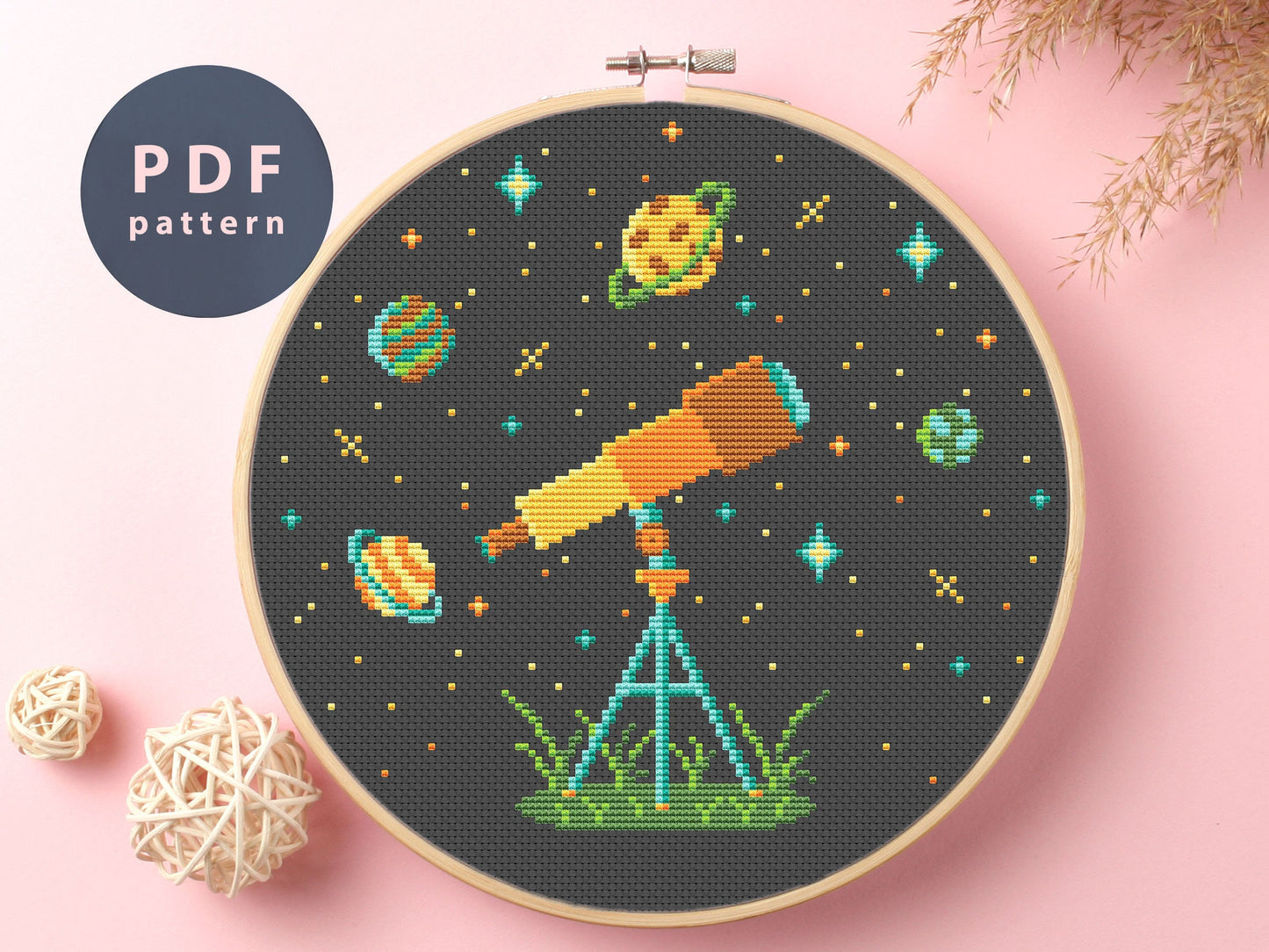 Telescope Cross Stitch Pattern: Solar System Cosmic Art (PDF Pattern)