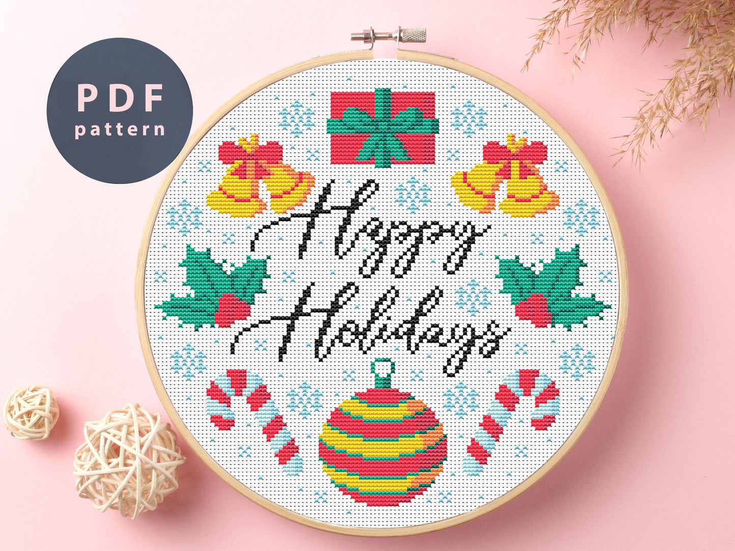 Happy Holidays Cross Stitch Pattern: Santa, Bells, and Ornaments (PDF Pattern)