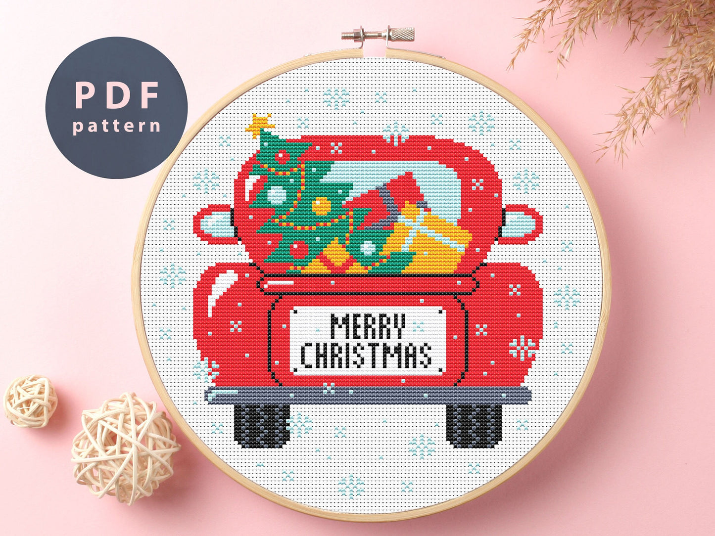 Christmas Car Cross Stitch Pattern: Winter Holiday Decor (Digital Download)