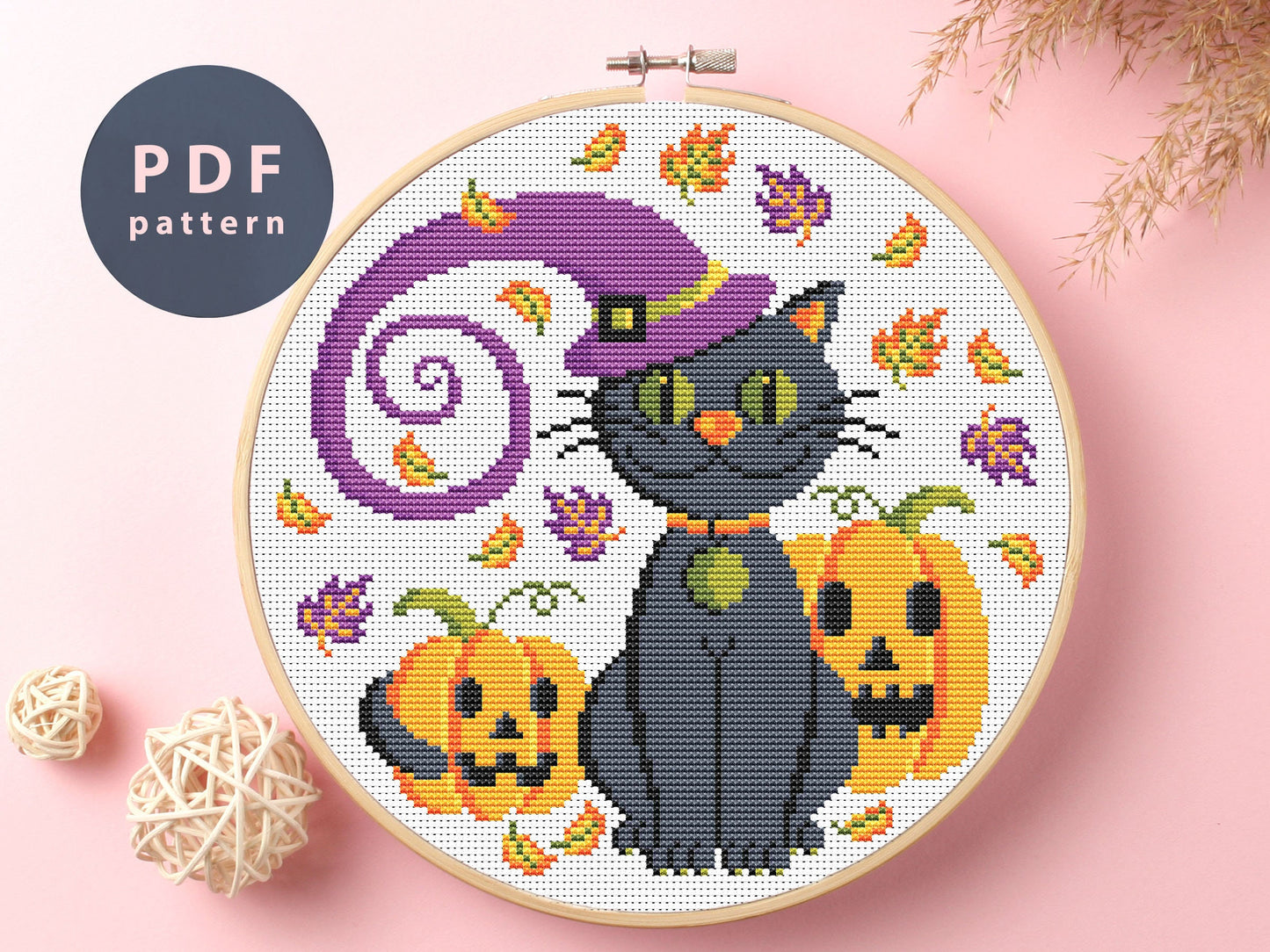 Cross Stitch Pattern Cat With Hat, Halloween Jack O Lantern Art, Pdf Pattern