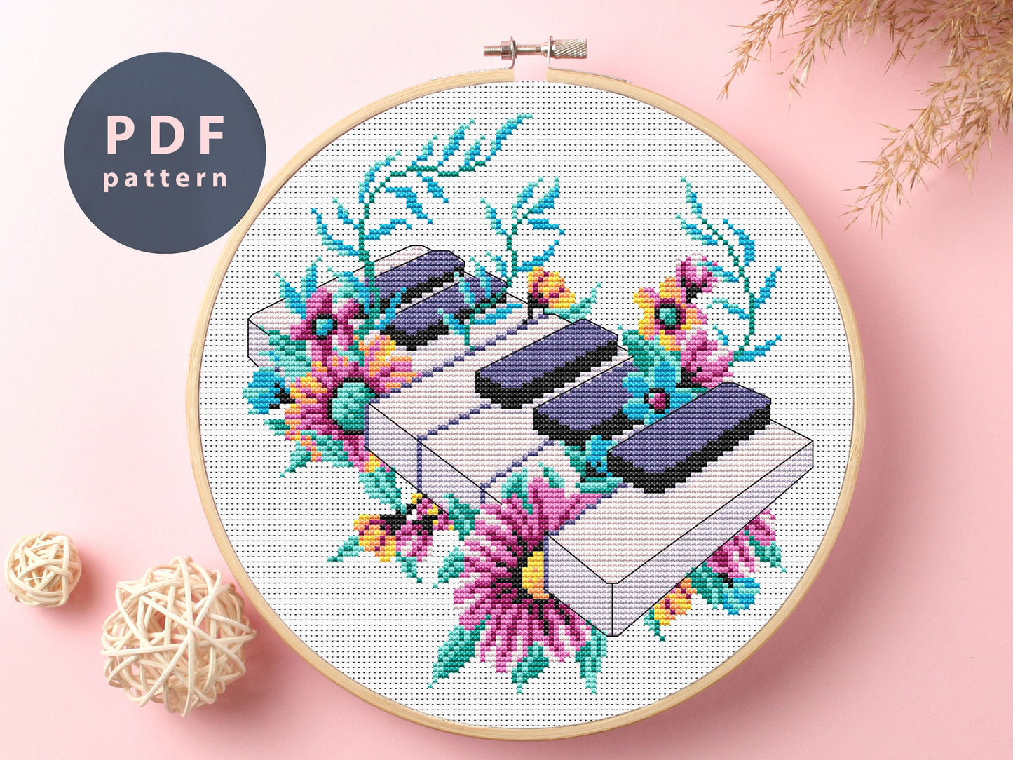 Piano Keys Cross Stitch Pattern: Floral Music Sampler (PDF Pattern)