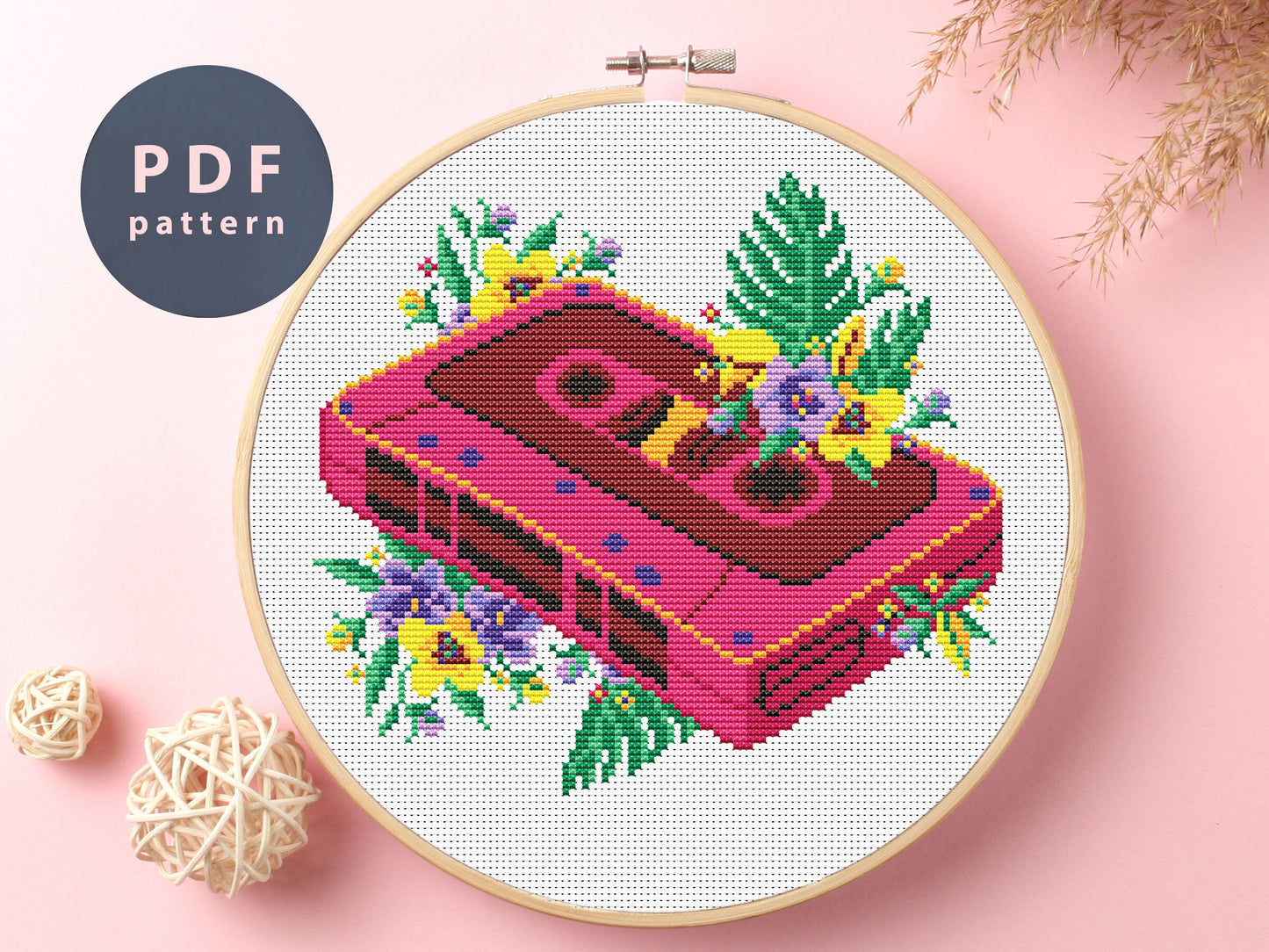 Floral Cassette Tape Cross Stitch Pattern: Music Embroidery (Digital Download)