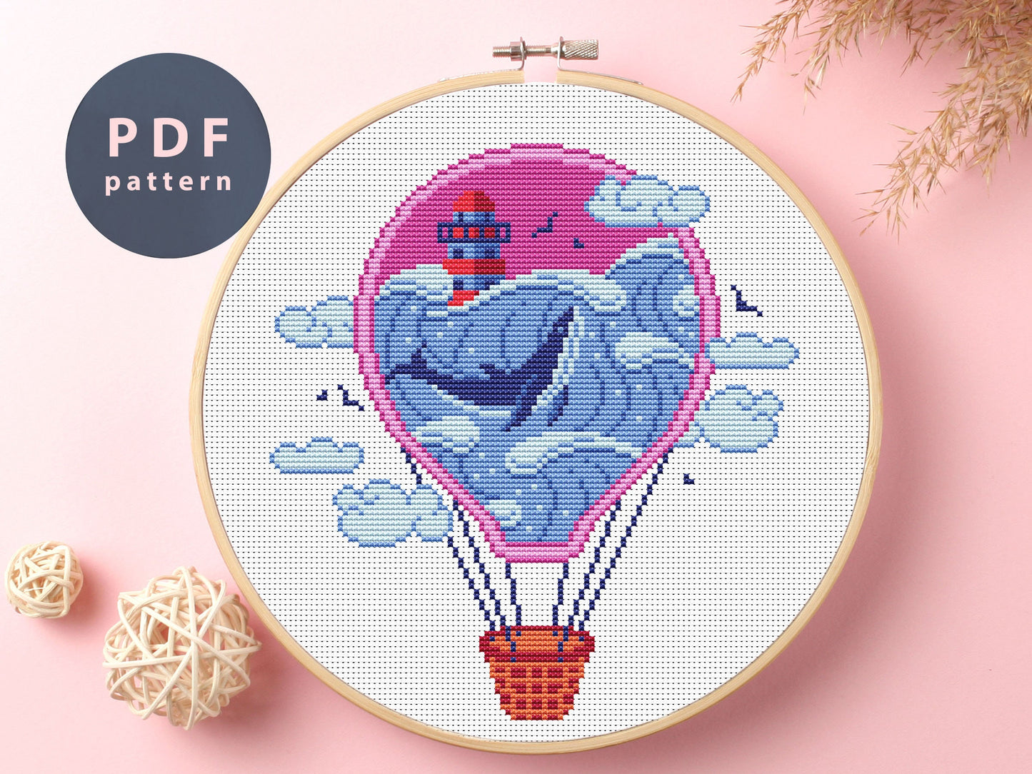 Hot Air Balloon Cross Stitch Pattern: Kids Cartoon Embroidery (PDF Pattern)