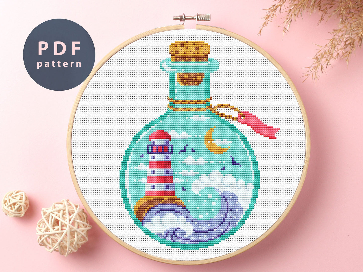 Bottle Seascape Cross Stitch Pattern: Lighthouse, Waves (Digital Download)