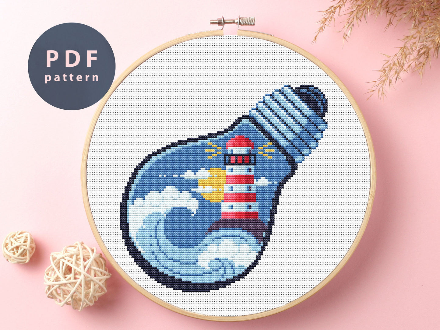 Lighthouse Bulb Cross Stitch Pattern: Seascape Embroidery (PDF Pattern)