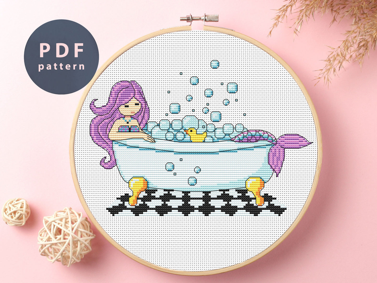 Mermaid in Bathroom Cross Stitch Pattern: Cartoon Embroidery (PDF Pattern)