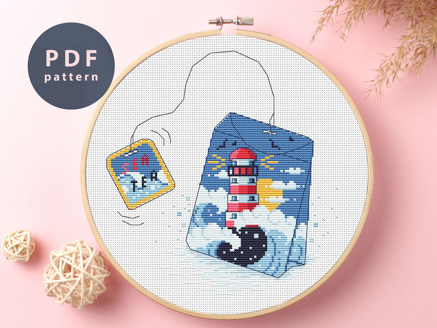 Tea Bag Lighthouse Cross Stitch Pattern: Modern Embroidery Art (Digital Download)