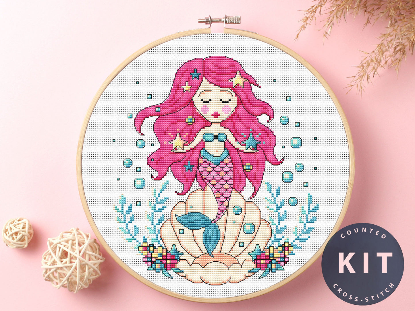 Mermaid Cross Stitch Kit: Sea Embroidery Pattern (DMC Floss)
