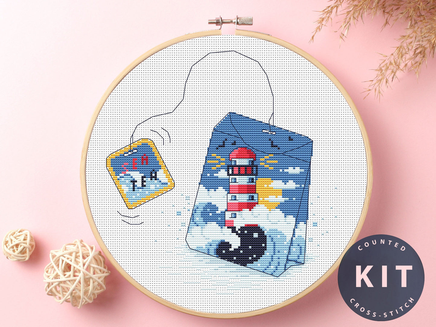 Tea Bag Cross Stitch Kit: Lighthouse Embroidery, Beginner Craft