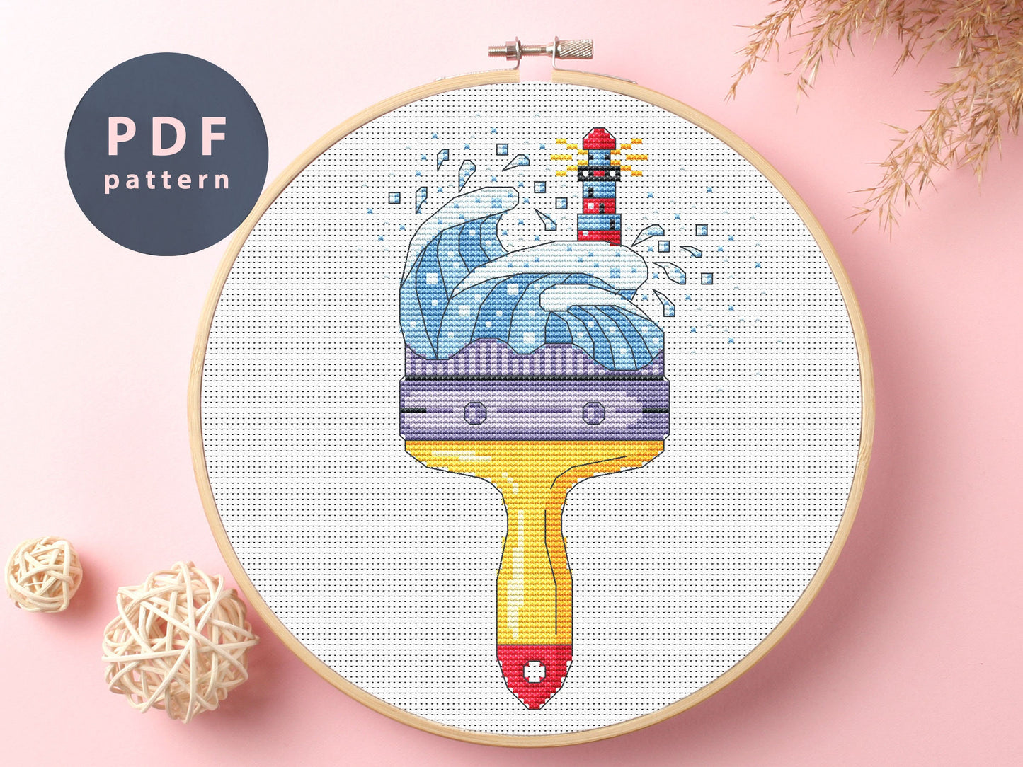 Brush Lighthouse Cross Stitch Pattern: Sea Waves Embroidery (PDF Pattern)