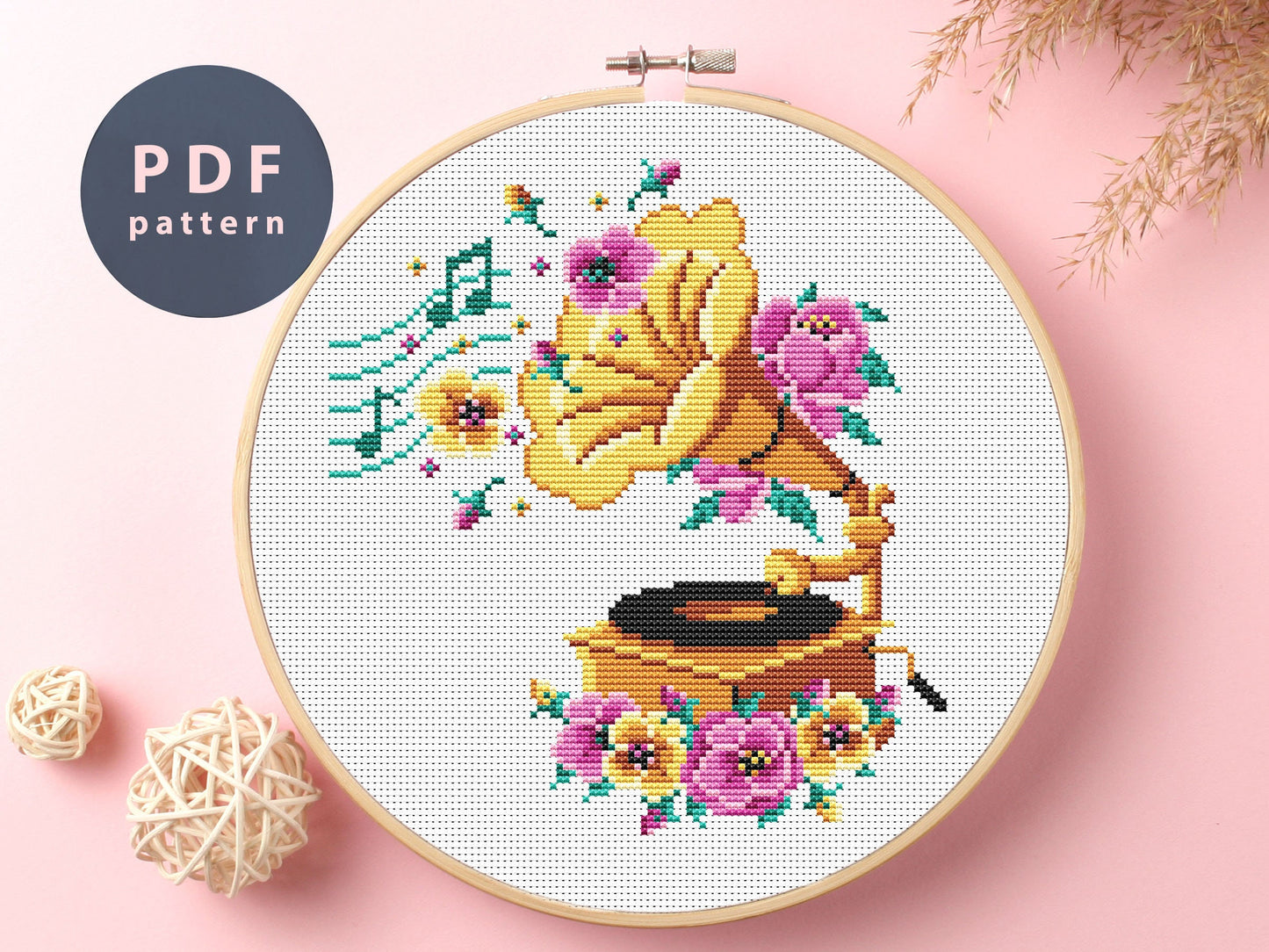 Gramophone Cross Stitch Pattern: Floral Music Artwork (Digital Download)